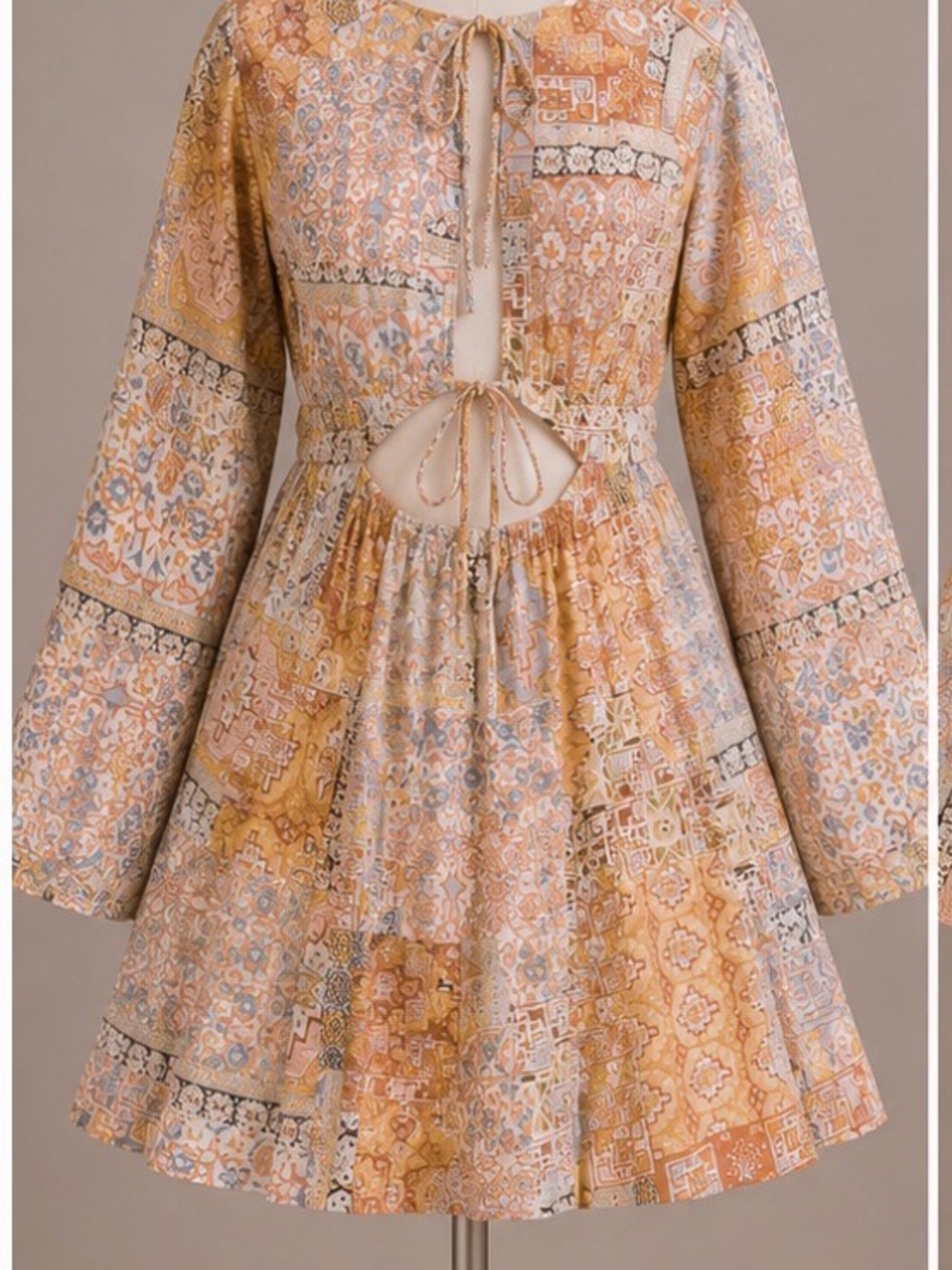 Amuse Society Patchwork Floral Tiered Mini Dress in Beige - Picture 2 of 2
